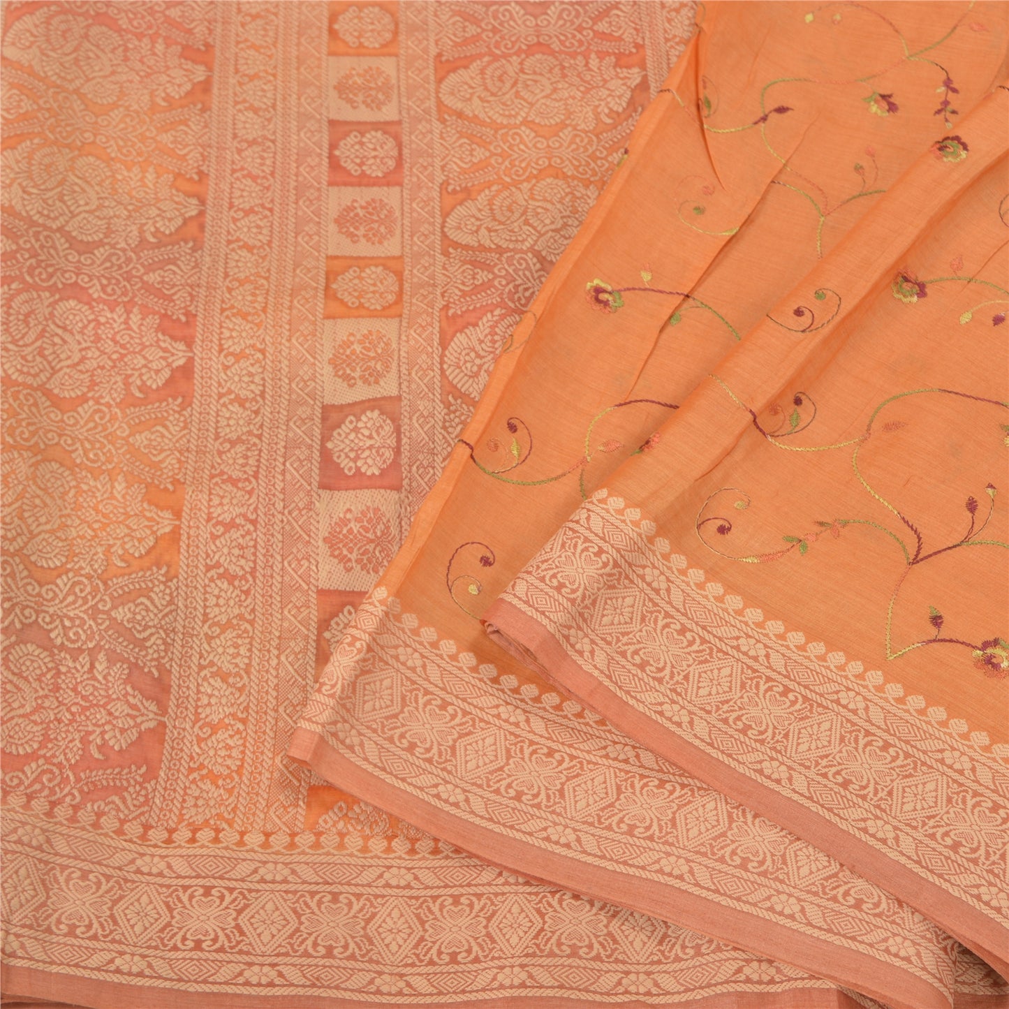 Sanskriti Vintage Orange Sarees 100% Pure Silk Embroidered Woven Sari Sustainable Fabric
