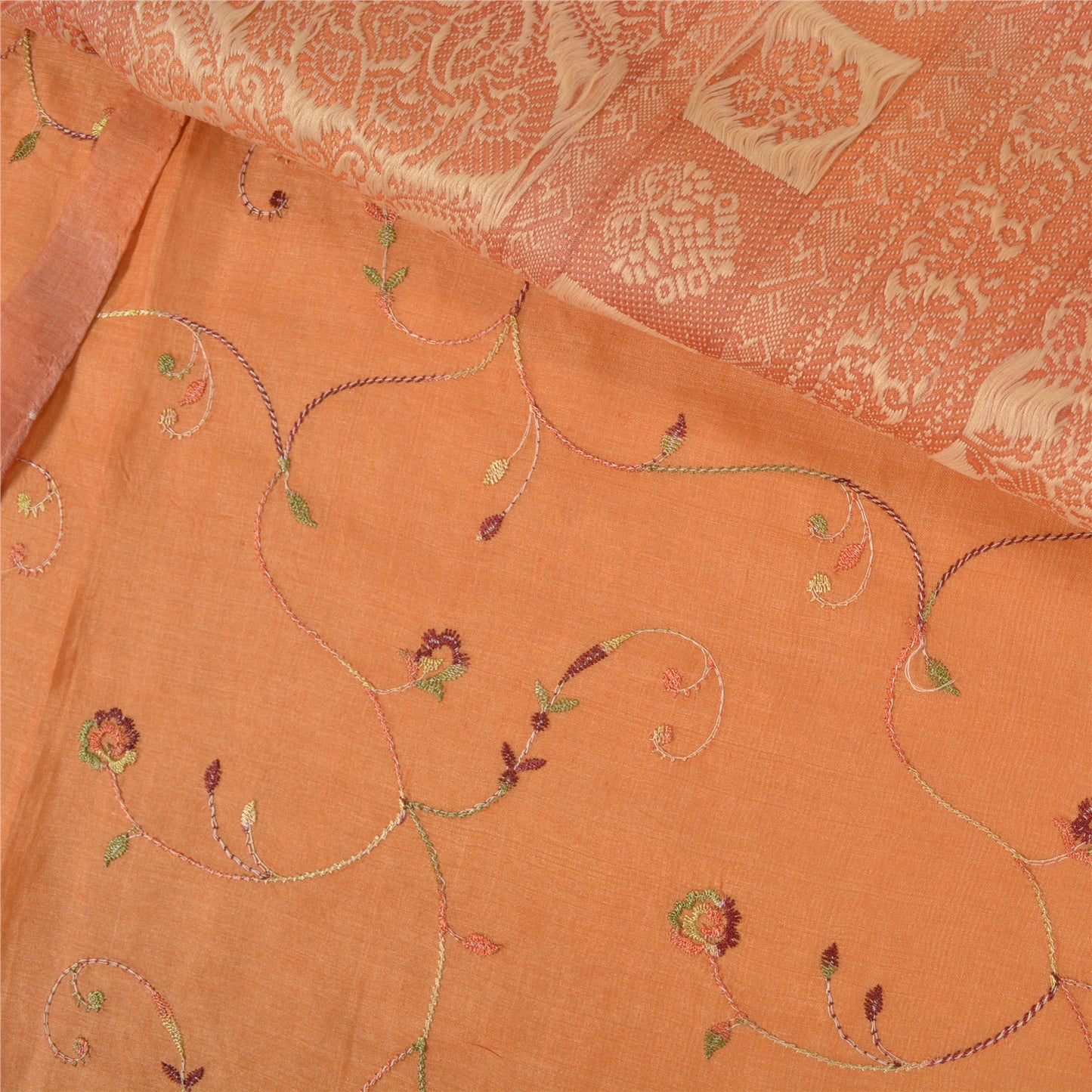 Sanskriti Vintage Orange Sarees 100% Pure Silk Embroidered Woven Sari Sustainable Fabric