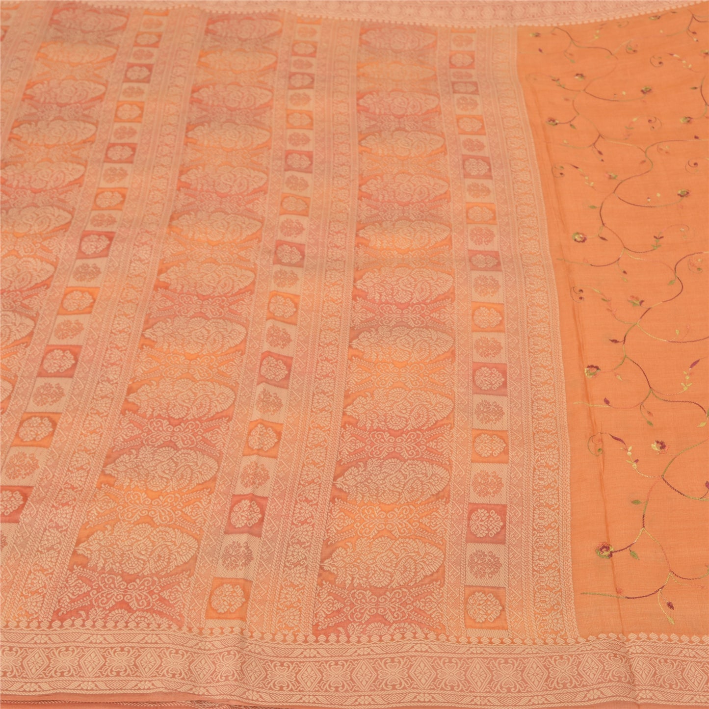 Sanskriti Vintage Orange Sarees 100% Pure Silk Embroidered Woven Sari Sustainable Fabric
