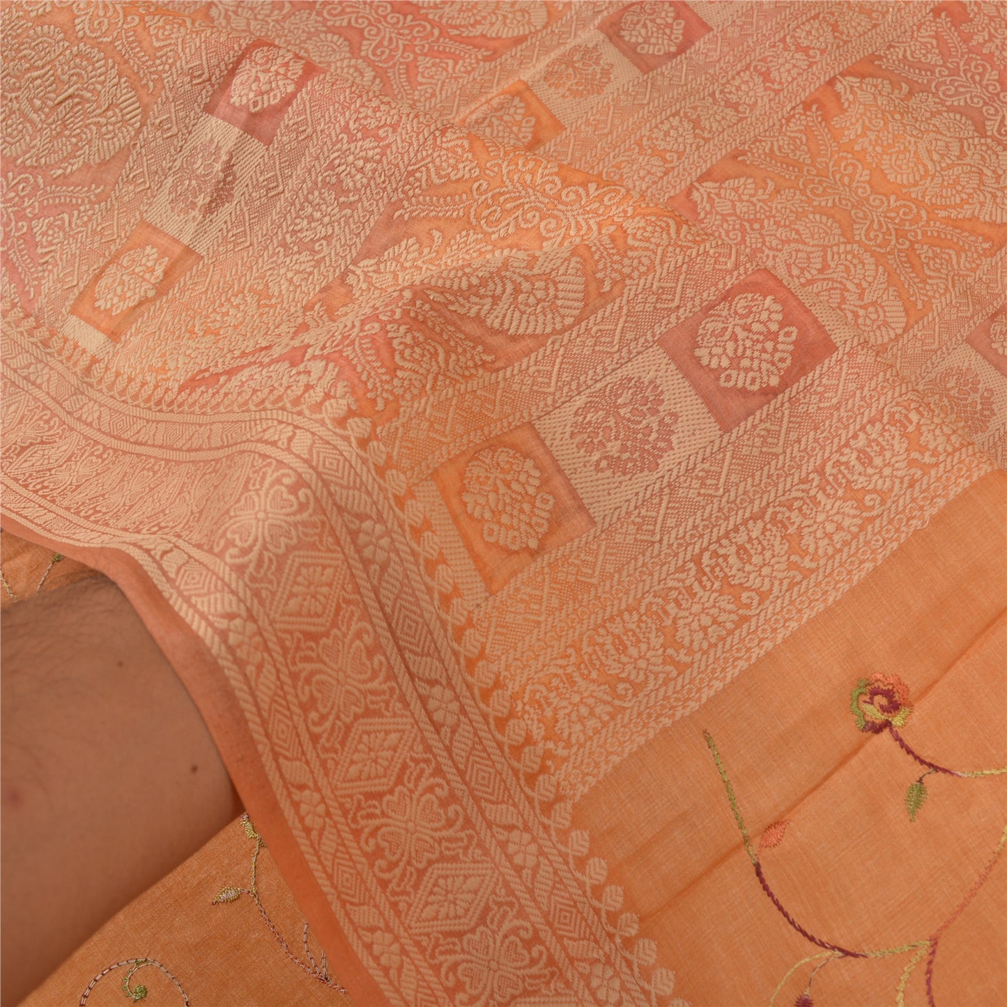 Sanskriti Vintage Orange Sarees 100% Pure Silk Embroidered Woven Sari Sustainable Fabric