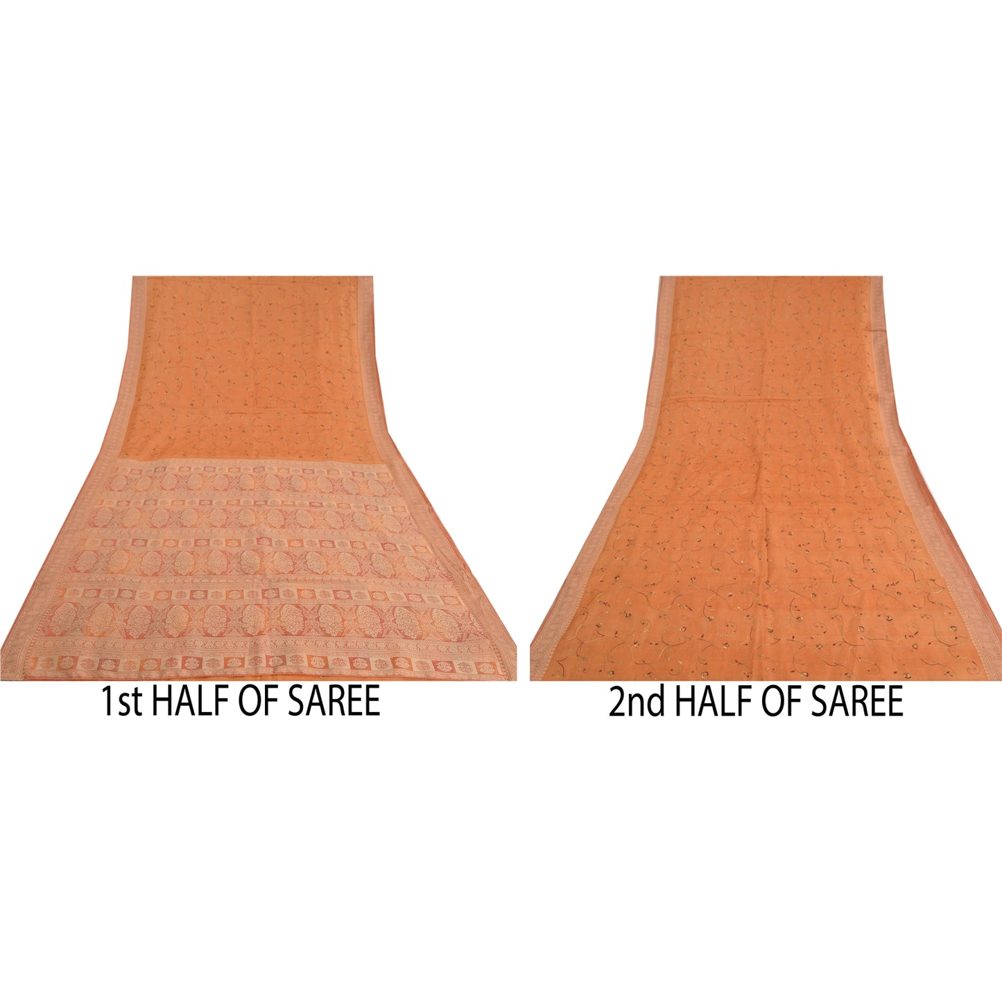 Sanskriti Vintage Orange Sarees 100% Pure Silk Embroidered Woven Sari Sustainable Fabric