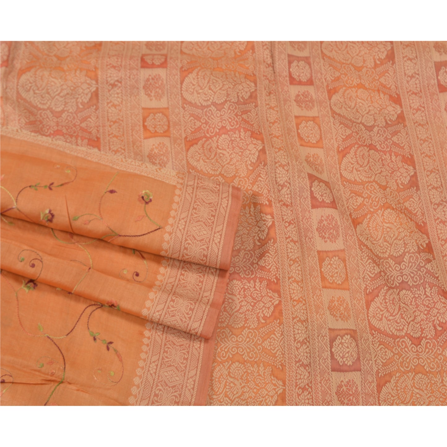Sanskriti Vintage Orange Sarees 100% Pure Silk Embroidered Woven Sari Sustainable Fabric