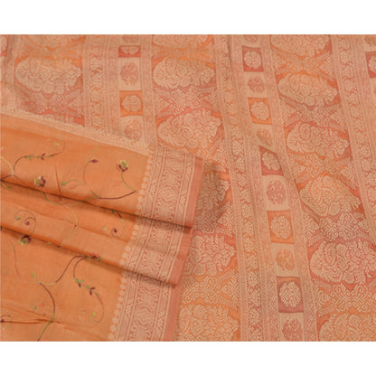Sanskriti Vintage Orange Sarees 100% Pure Silk Embroidered Woven Sari Sustainable Fabric