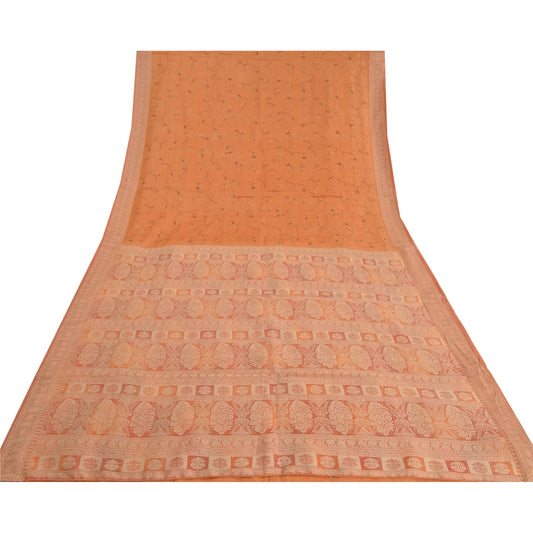 Sanskriti Vintage Orange Sarees 100% Pure Silk Embroidered Woven Sari Sustainable Fabric
