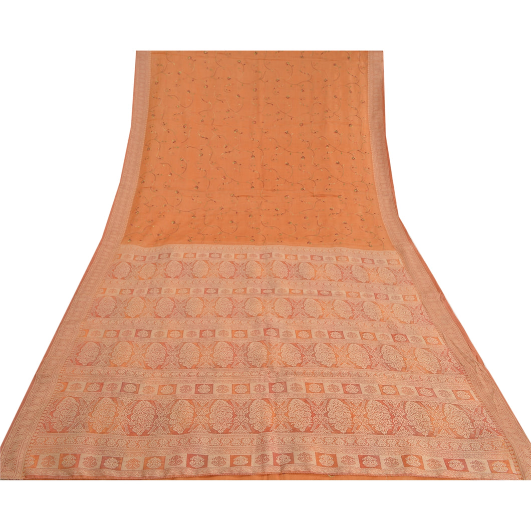Sanskriti Vintage Orange Sarees 100% Pure Silk Embroidered Woven Sari Fabric