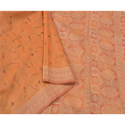 Sanskriti Vintage Orange Sarees 100% Pure Silk Embroidered Woven Sari Sustainable Fabric