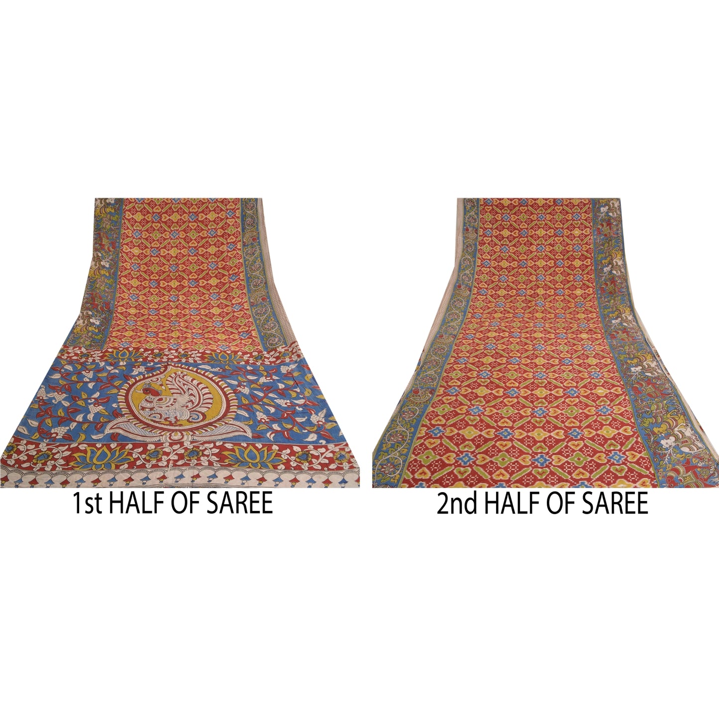 Sanskriti Vintage Dark Red Sarees Cotton Silk Handmade Kalamkari Sari Sustainable Fabric