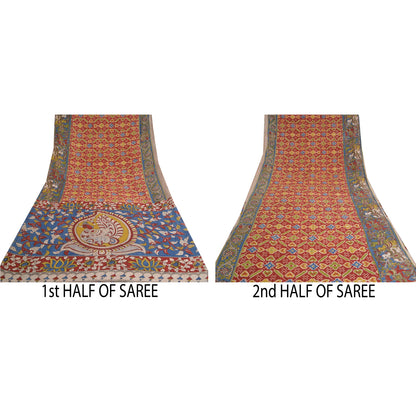 Sanskriti Vintage Dark Red Sarees Cotton Silk Handmade Kalamkari Sari Sustainable Fabric