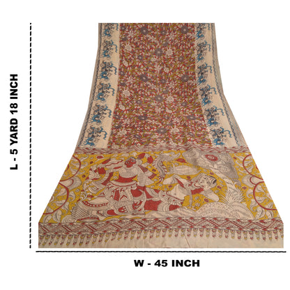 Sanskriti Vintage Dark Red Sarees Cotton Silk Handmade Kalamkari Sari Sustainable Fabric
