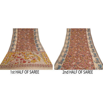 Sanskriti Vintage Dark Red Sarees Cotton Silk Handmade Kalamkari Sari Sustainable Fabric