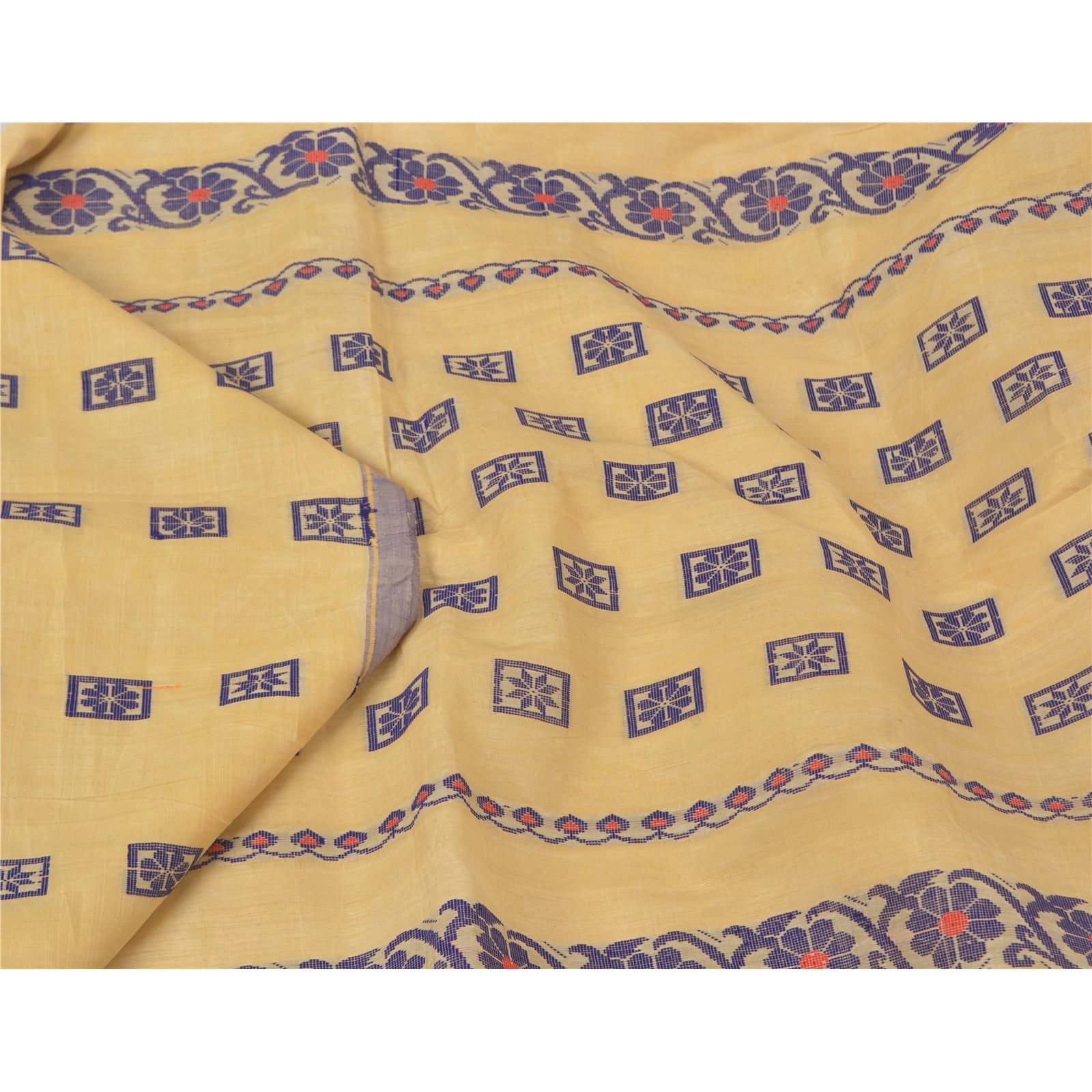 Sanskriti Vintage Cremefarvede Indiske Sarier Blandet Bomuld Vævet Sari Håndværk 5 Yards Bæredygtigt Stof