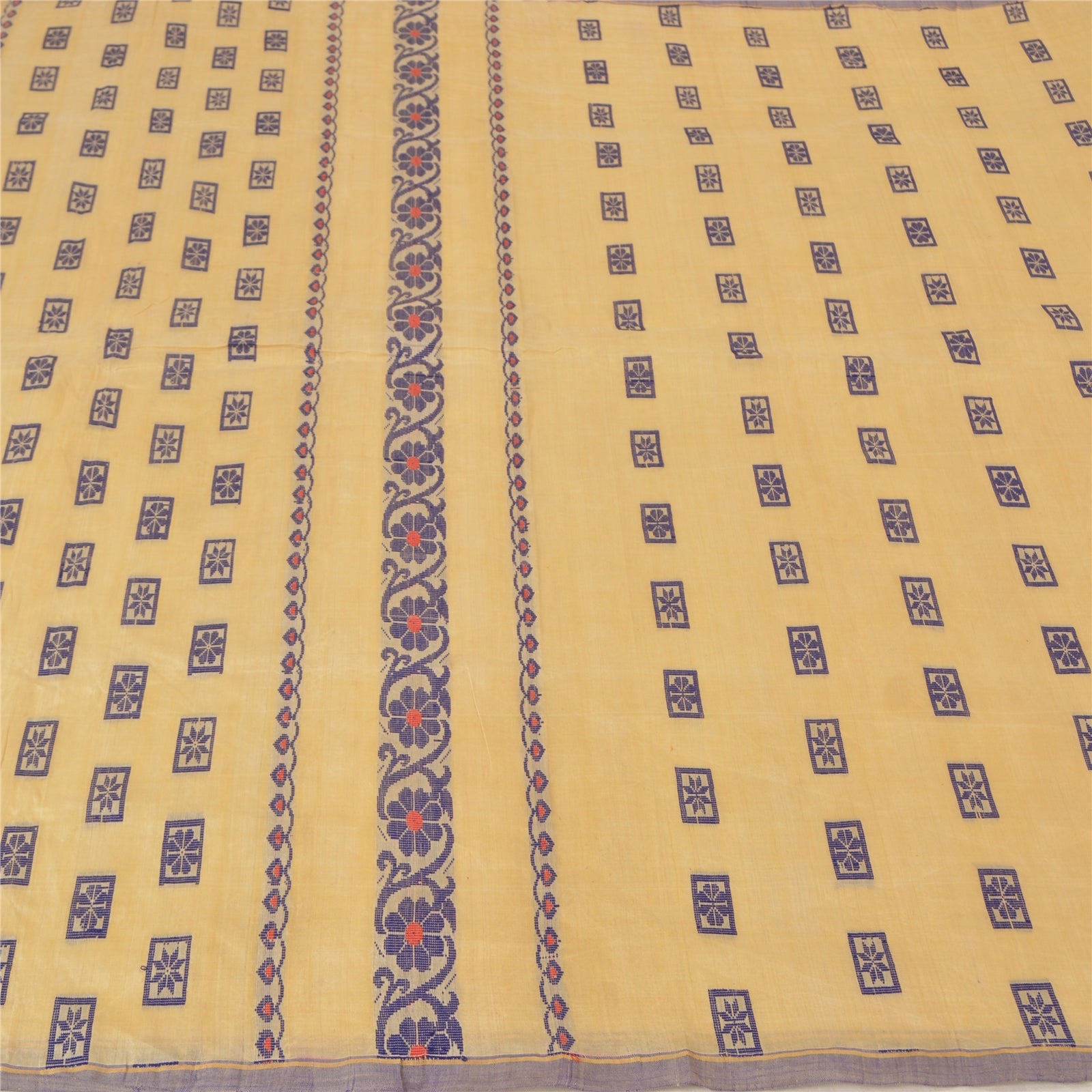 Sanskriti Vintage Cremefarvede Indiske Sarier Blandet Bomuld Vævet Sari Håndværk 5 Yards Bæredygtigt Stof