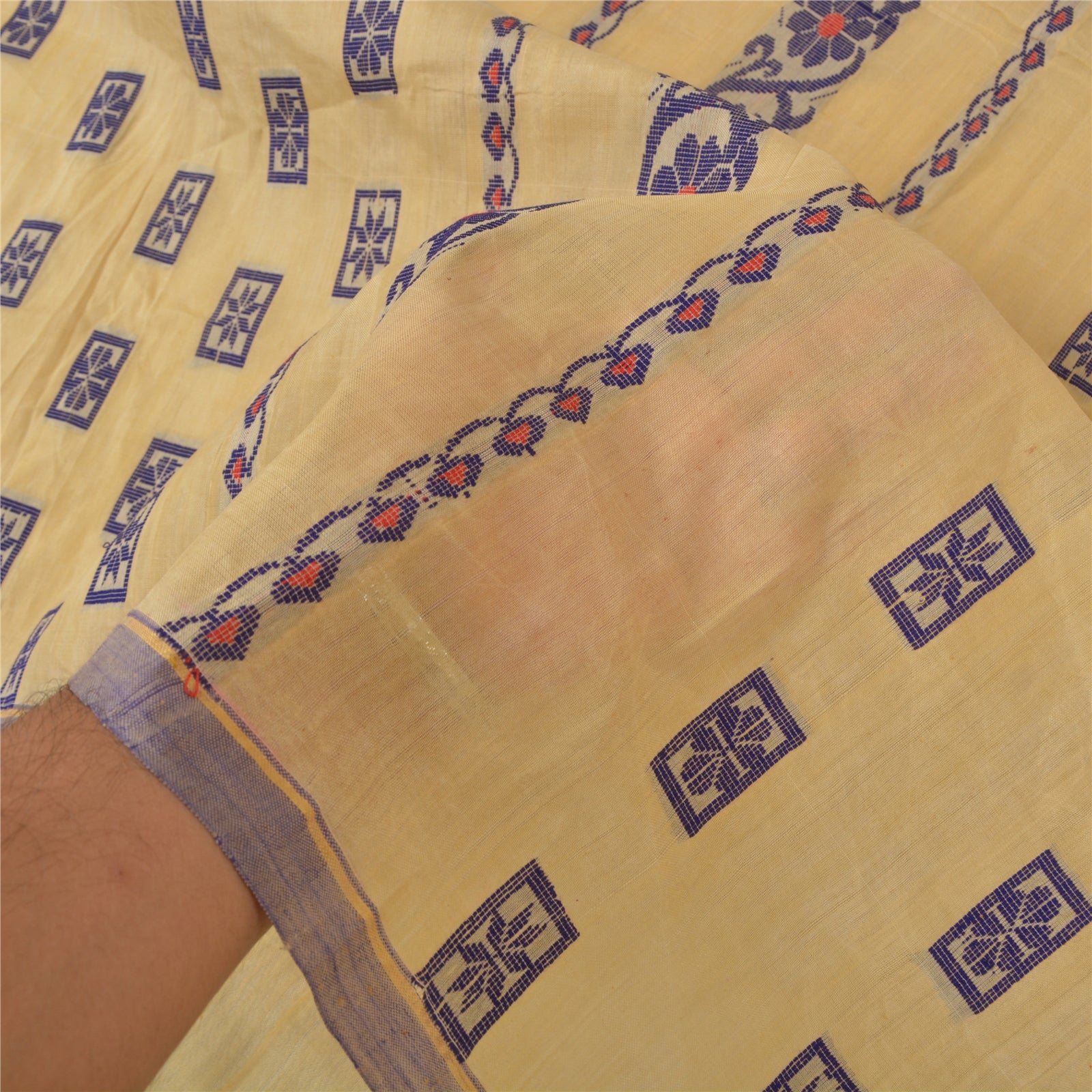 Sanskriti Vintage Cremefarvede Indiske Sarier Blandet Bomuld Vævet Sari Håndværk 5 Yards Bæredygtigt Stof