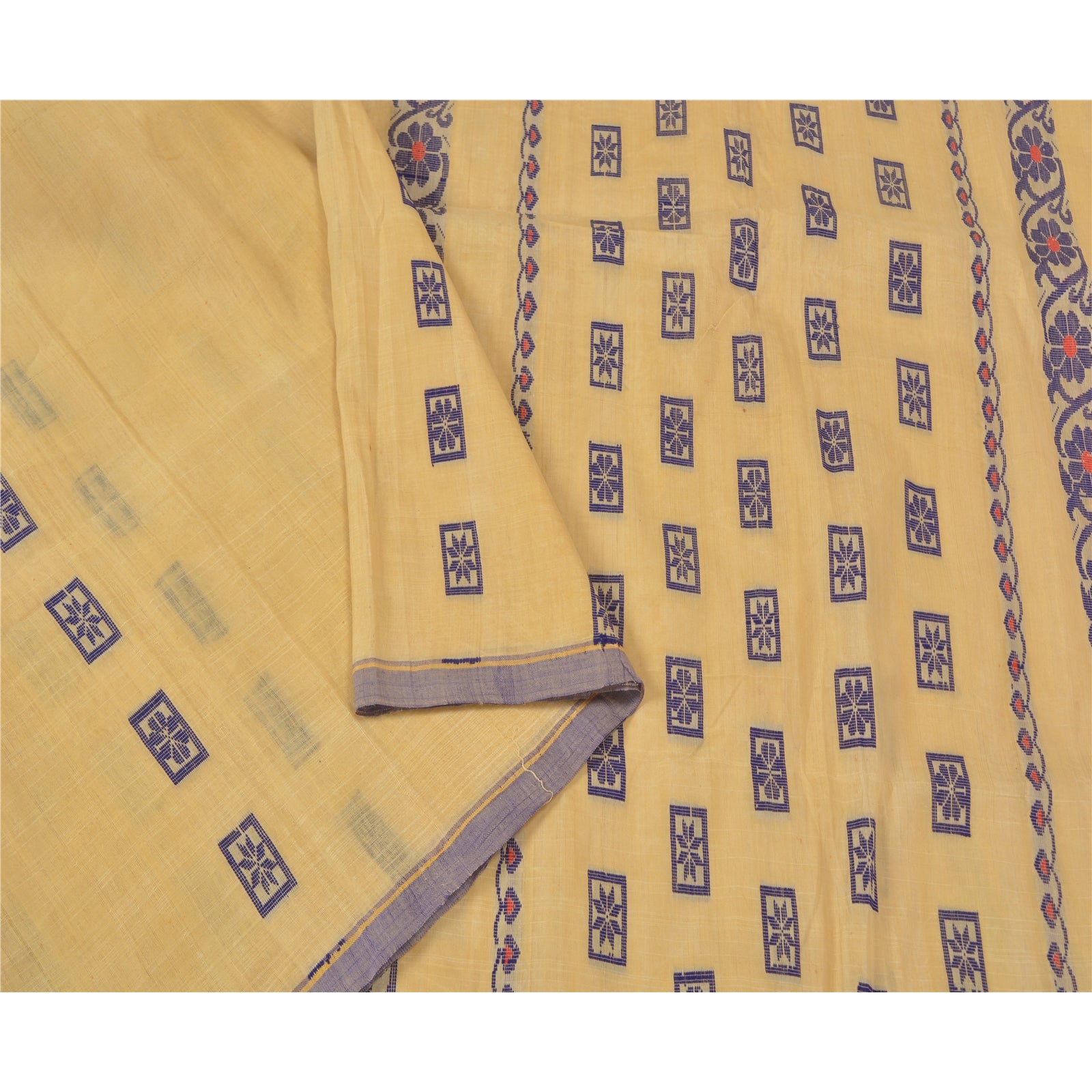 Sanskriti Vintage Cremefarvede Indiske Sarier Blandet Bomuld Vævet Sari Håndværk 5 Yards Bæredygtigt Stof