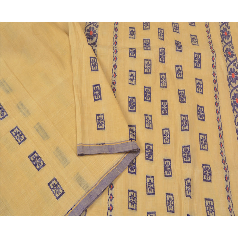 Sanskriti Vintage Cream Indian Sarees Blend Cotton Woven Sari Craft 5 YD Sustainable Fabric