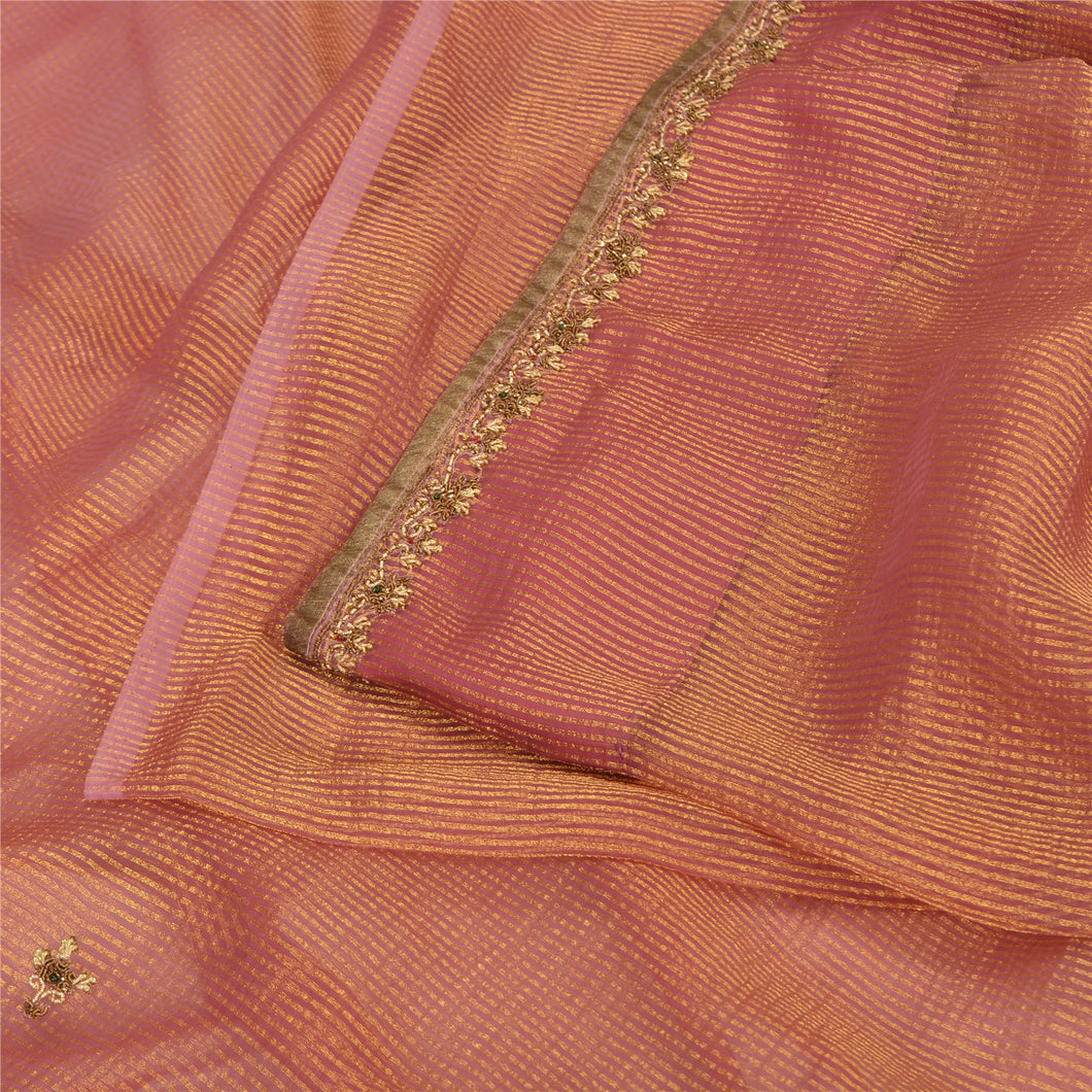 Sanskriti Vintage Pink Sarees Pure Tissue Silk Hand Beaded Woven Sari Fabric