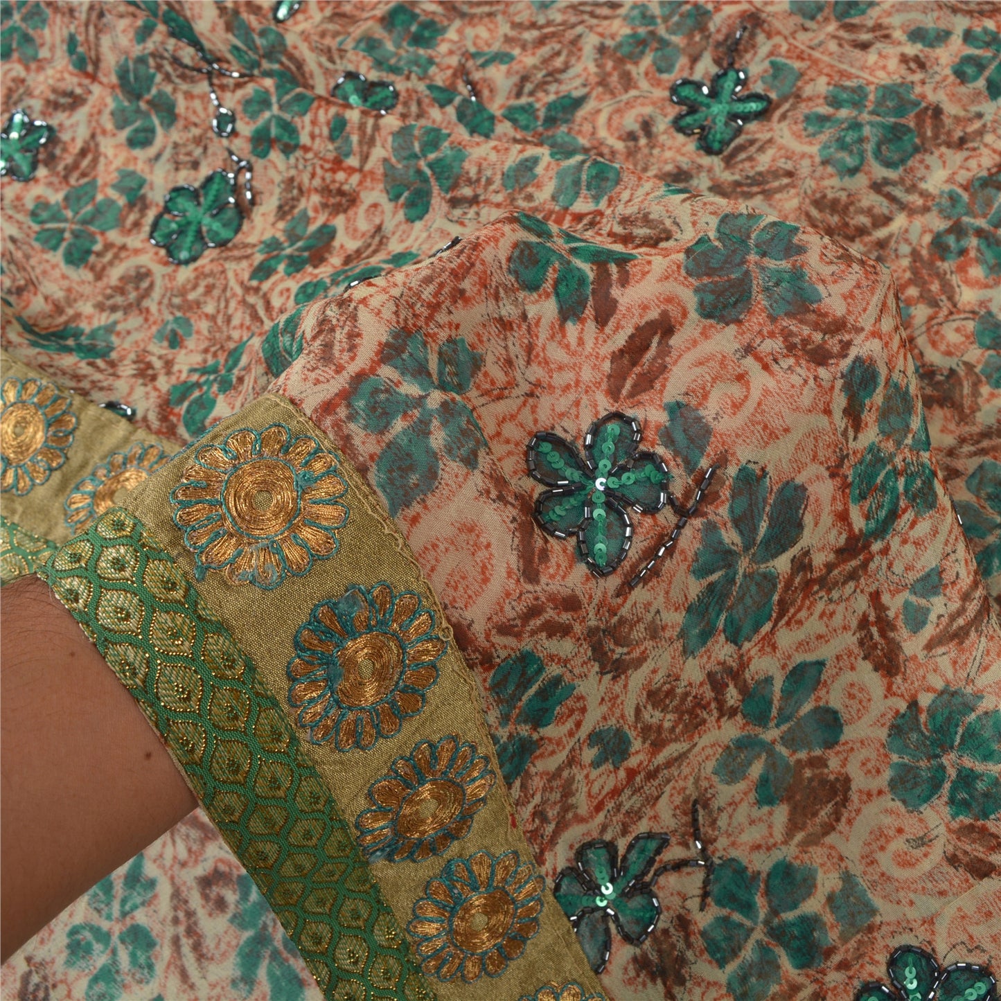 Sanskriti Vintage Indian Sarees Blend Georgette Hand Beaded Ethnic Sari Sustainable Fabric