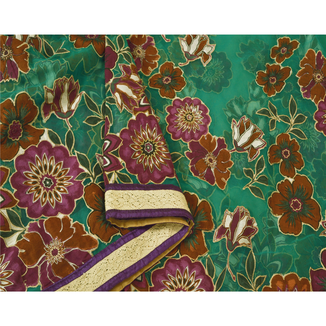 Sanskriti Vintage Green Sarees Net Mesh Embroidered Cultural Sari Craft Fabric
