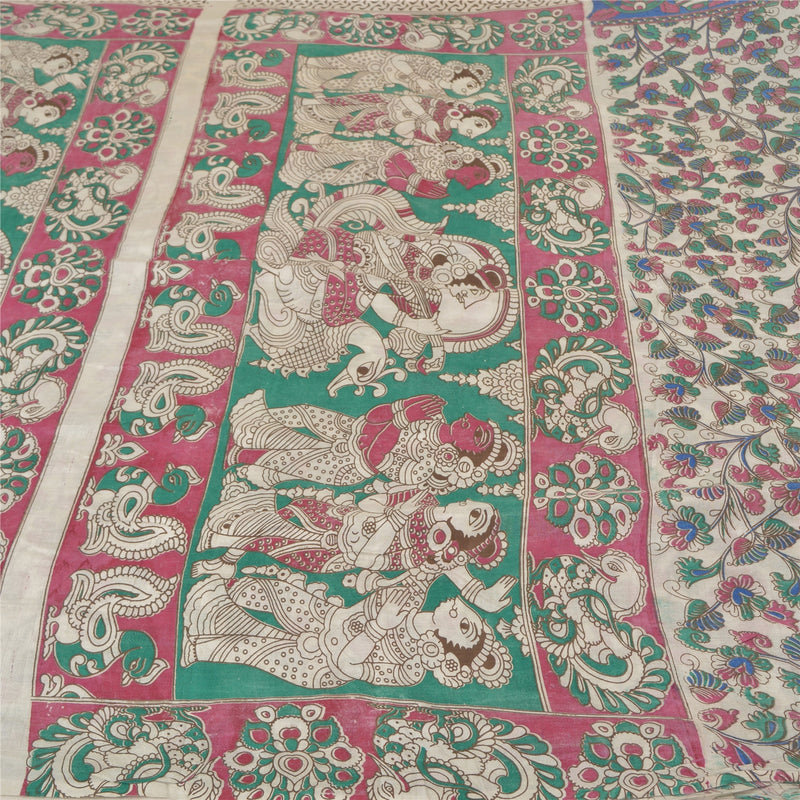 Sanskriti Vintage Ivory Sarees Blend Silk Handmade Kalamkari Peacock Sari Sustainable Fabric