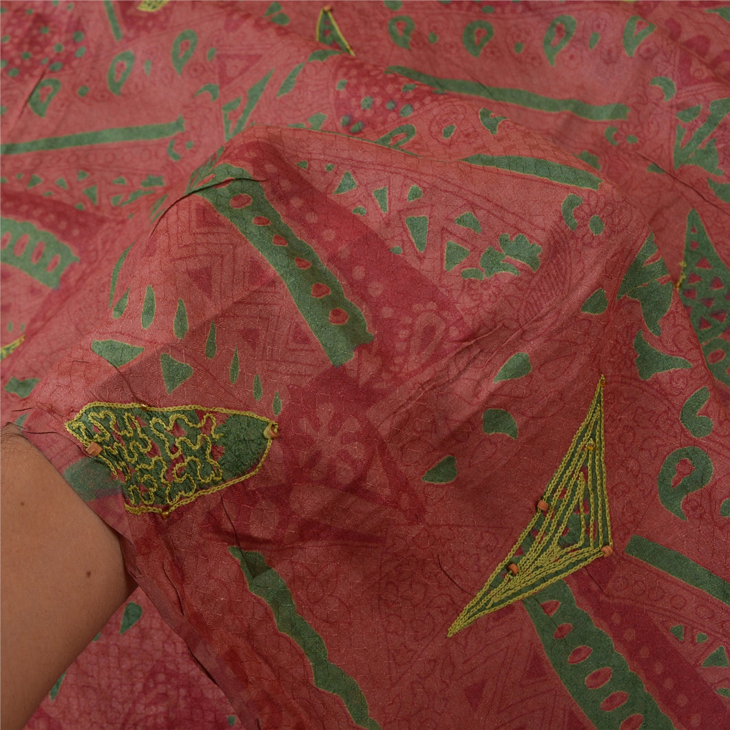 Sanskriti Vintage Pink Sarees 100% Pure Silk Hand Embroidered Sari Craft Fabric