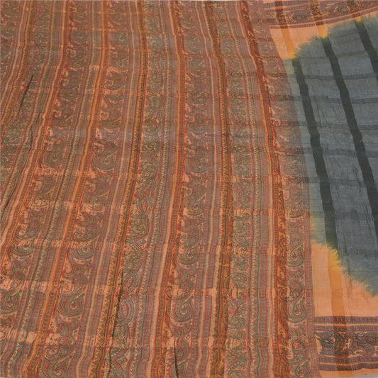 Sanskriti Vintage Grey Sarees Pure Silk Block Printed Woven Premium Sari Sustainable Fabric