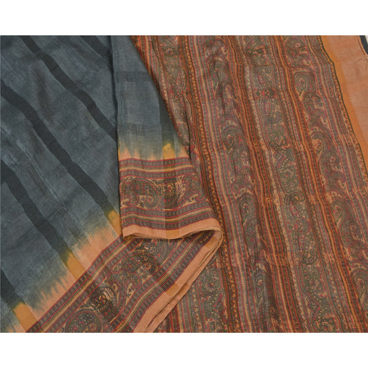 Sanskriti Vintage Grey Sarees Pure Silk Block Printed Woven Premium Sari Sustainable Fabric