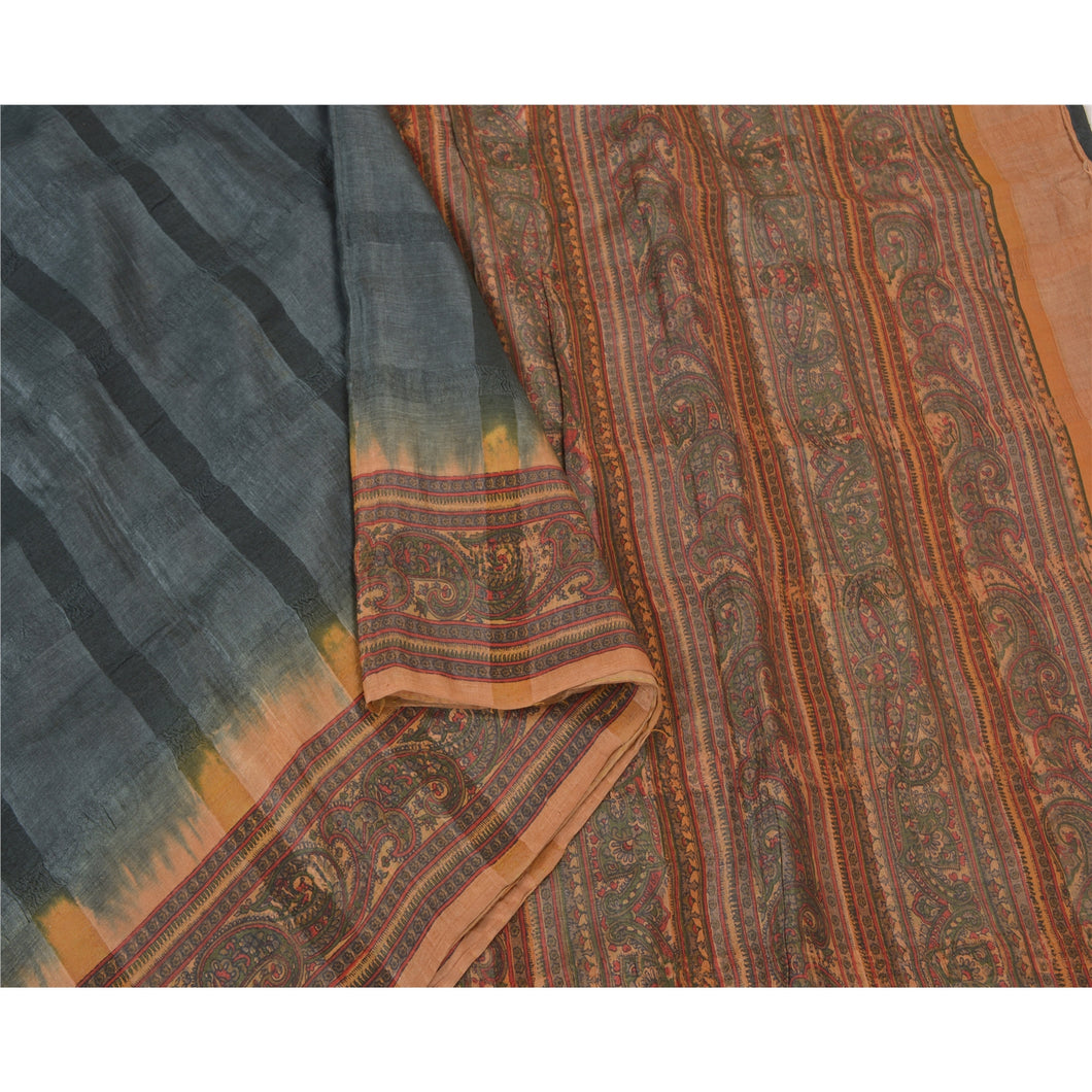 Sanskriti Vintage Grey Sarees Pure Silk Block Printed Woven Premium Sari Fabric