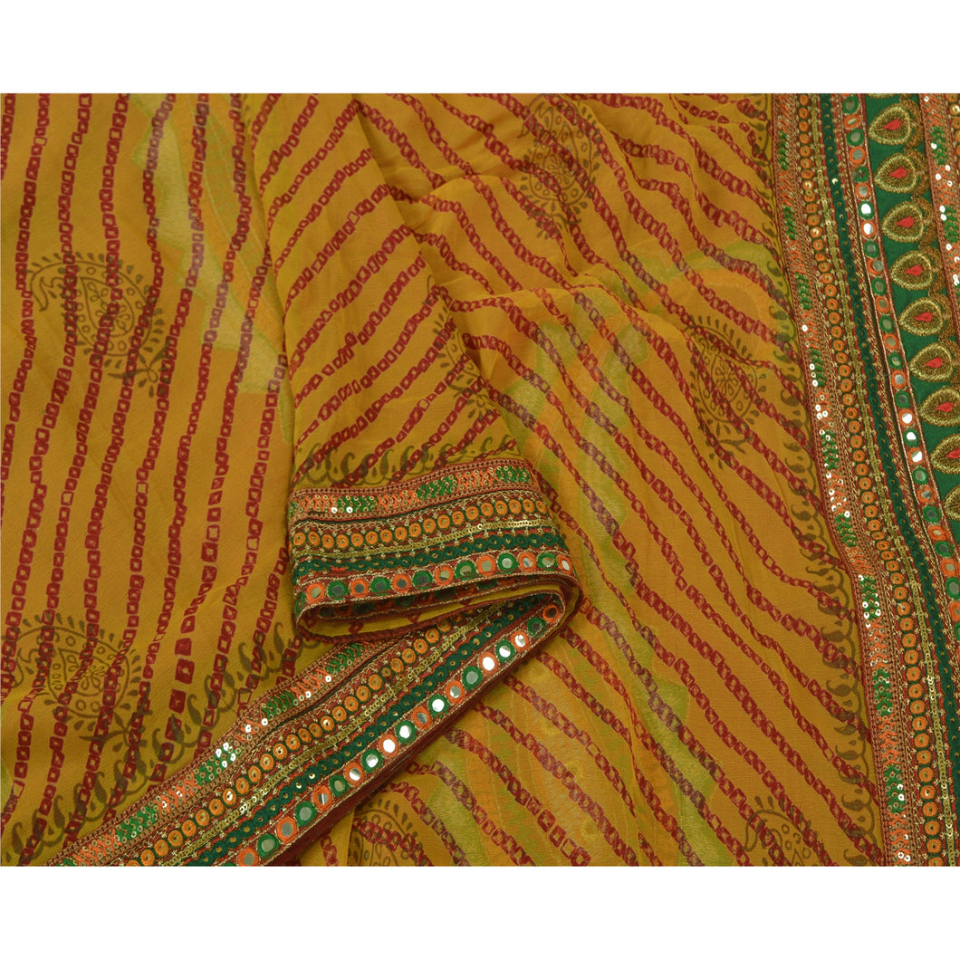 Sanskriti Vintage Mustard Saree Blend Georgette Embroidered Bandhani Sari Fabric