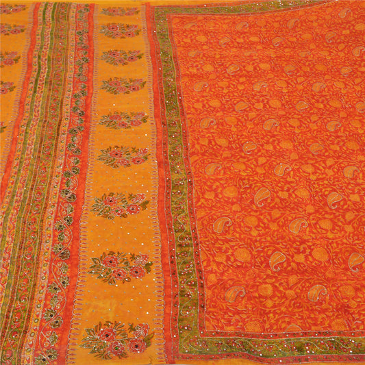 Sanskriti Vintage Pure Georgette Silk Sari: Hand-Beaded Orange Yellow Bollywood Fabric Indian Heritage Textile Craft Supplies Material,