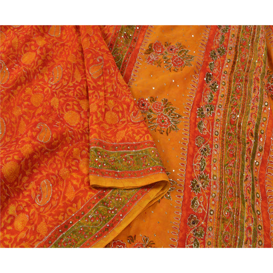 Sanskriti Vintage Pure Georgette Silk Sari: Hand-Beaded Orange Yellow Bollywood Fabric Indian Heritage Textile Craft Supplies Material,