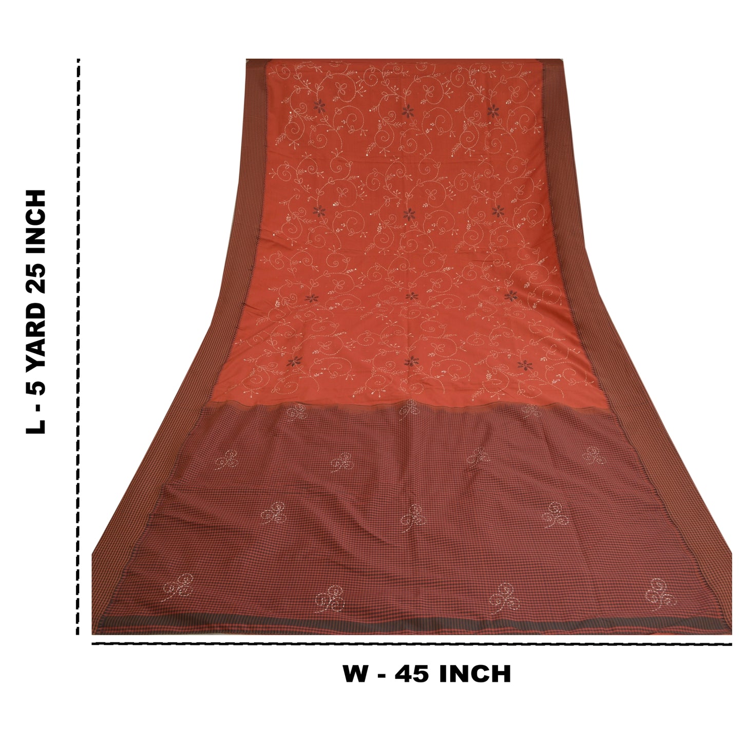 Sanskriti Vintage Dark Orange Sarees Blend Cotton Hand Beaded Kantha Sari Sustainable Fabric