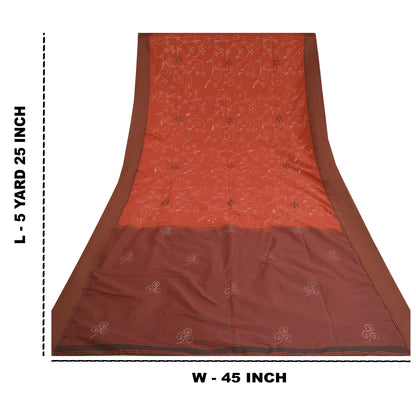 Sanskriti Vintage Dark Orange Sarees Blend Cotton Hand Beaded Kantha Sari Sustainable Fabric