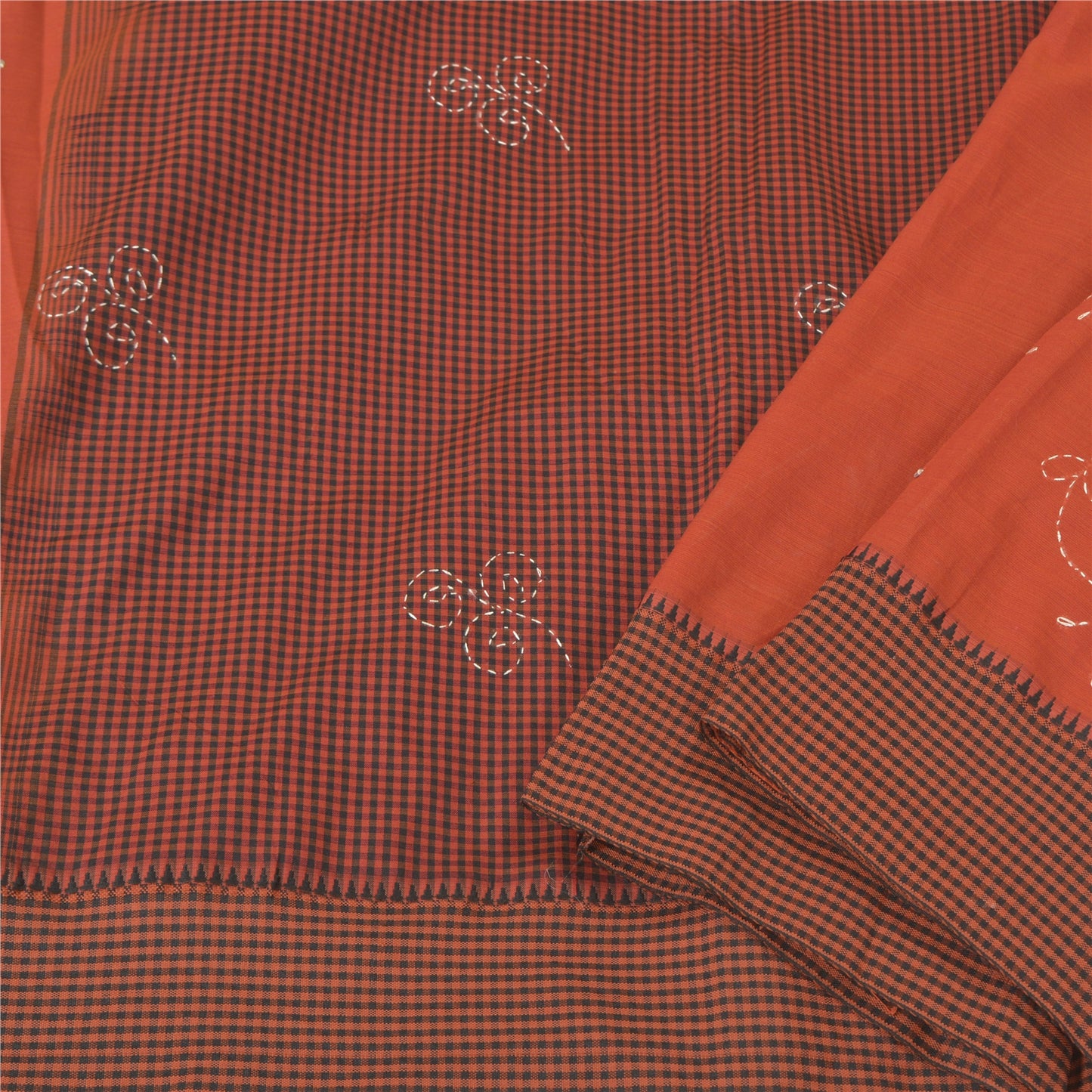 Sanskriti Vintage Dark Orange Sarees Blend Cotton Hand Beaded Kantha Sari Sustainable Fabric