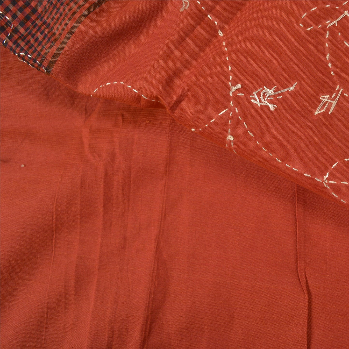 Sanskriti Vintage Dark Orange Sarees Blend Cotton Hand Beaded Kantha Sari Sustainable Fabric