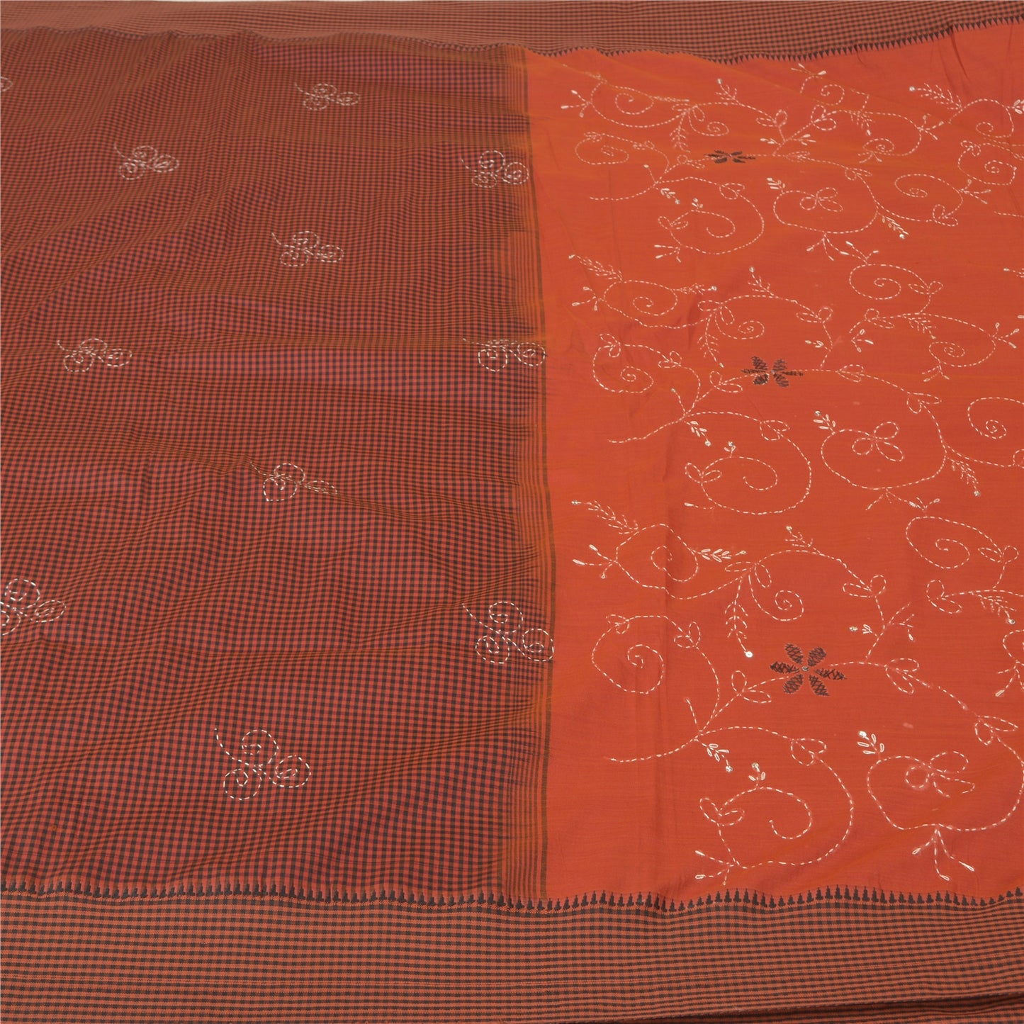 Sanskriti Vintage Dark Orange Sarees Blend Cotton Hand Beaded Kantha Sari Sustainable Fabric