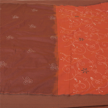 Sanskriti Vintage Dark Orange Sarees Blend Cotton Hand Beaded Kantha Sari Sustainable Fabric
