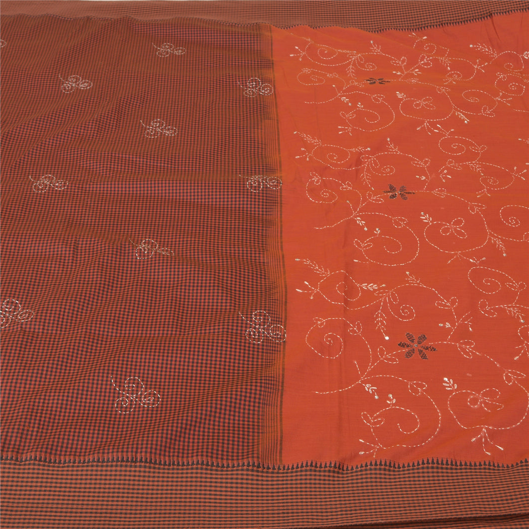 Sanskriti Vintage Dark Orange Sarees Blend Cotton Hand Beaded Kantha Sari Fabric