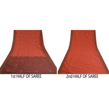 Sanskriti Vintage Dark Orange Sarees Blend Cotton Hand Beaded Kantha Sari Sustainable Fabric