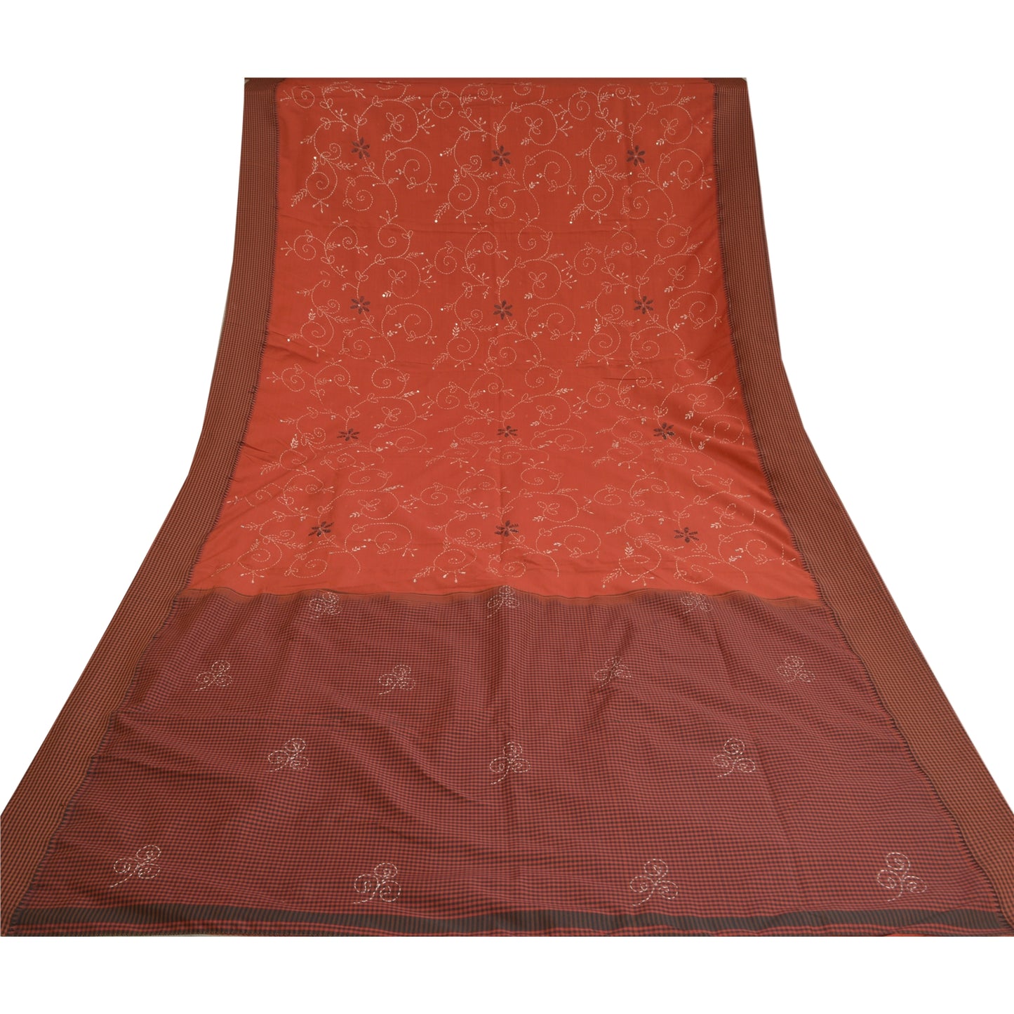 Sanskriti Vintage Dark Orange Sarees Blend Cotton Hand Beaded Kantha Sari Sustainable Fabric