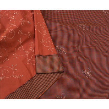 Sanskriti Vintage Dark Orange Sarees Blend Cotton Hand Beaded Kantha Sari Sustainable Fabric
