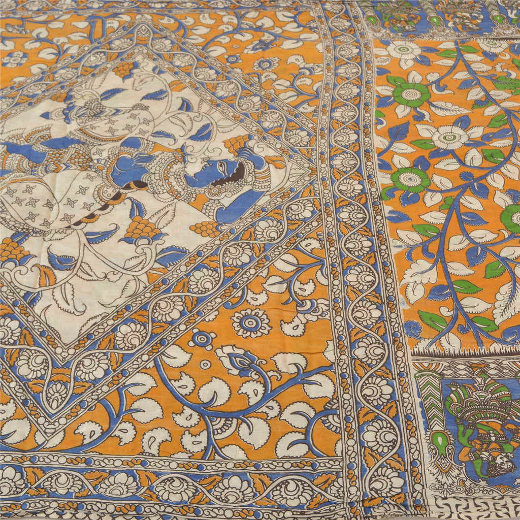 Sanskriti Vintage Saffron Sarees Cotton Silk Handmade Kalamkari Sari Sustainable Fabric