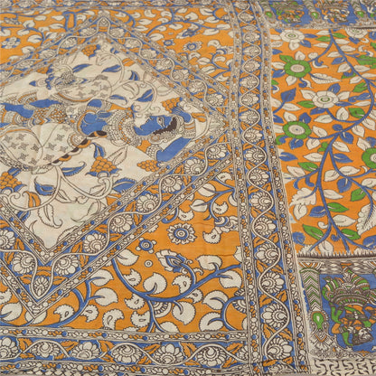 Sanskriti Vintage Saffron Sarees Cotton Silk Handmade Kalamkari Sari Sustainable Fabric