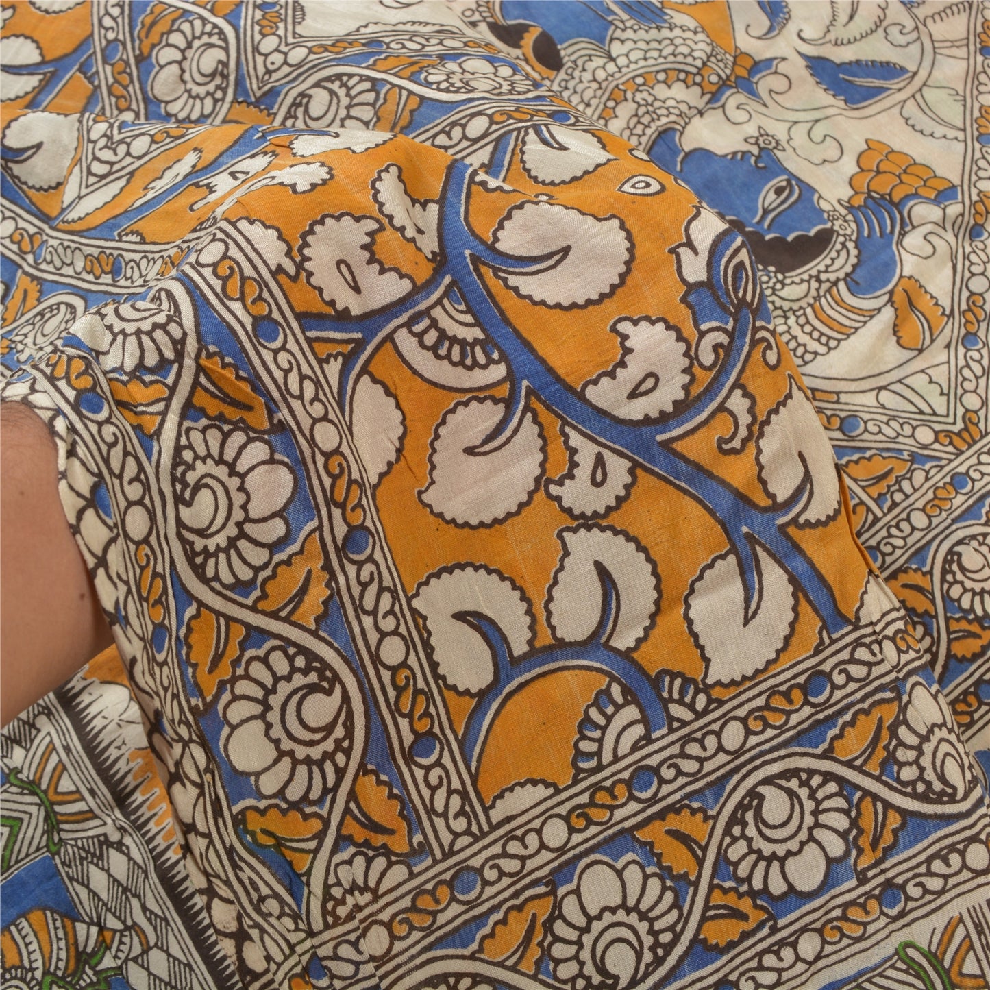 Sanskriti Vintage Saffron Sarees Cotton Silk Handmade Kalamkari Sari Sustainable Fabric