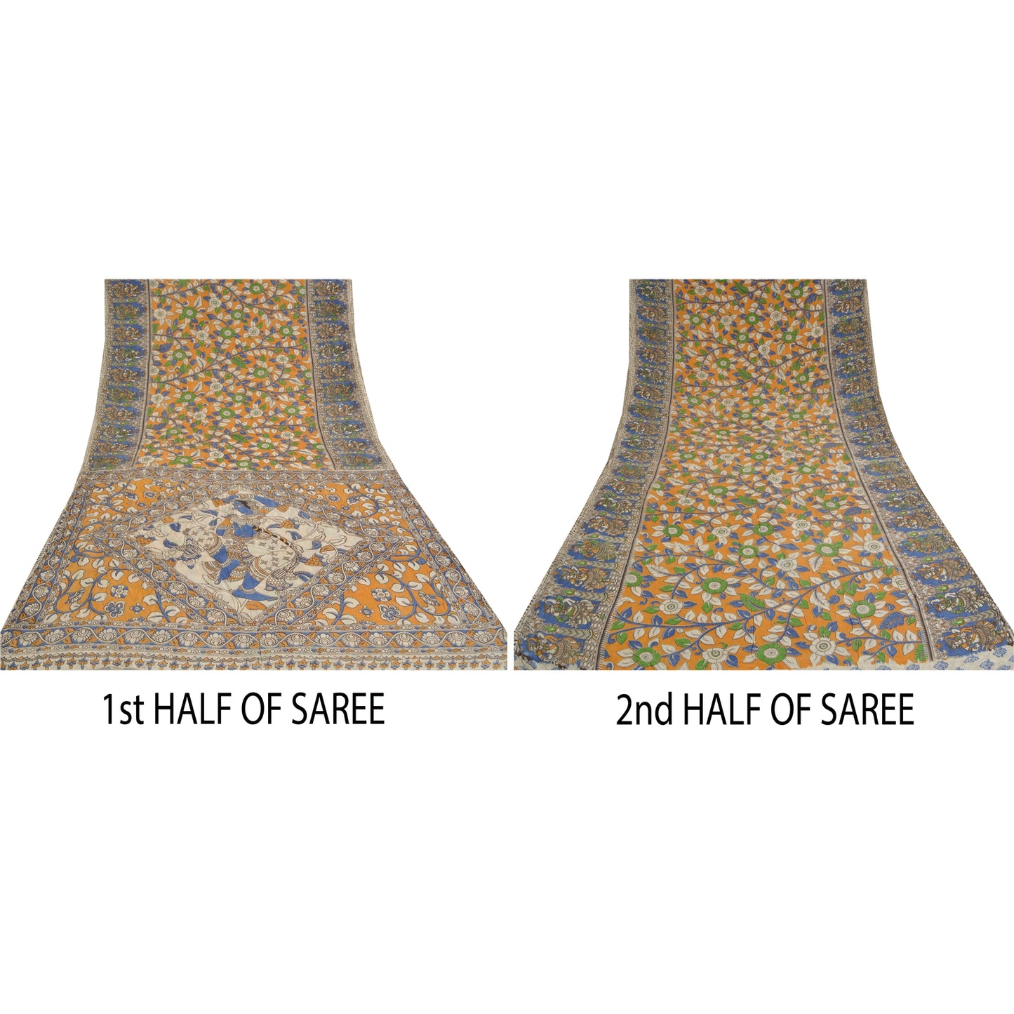 Sanskriti Vintage Saffron Sarees Cotton Silk Handmade Kalamkari Sari Sustainable Fabric