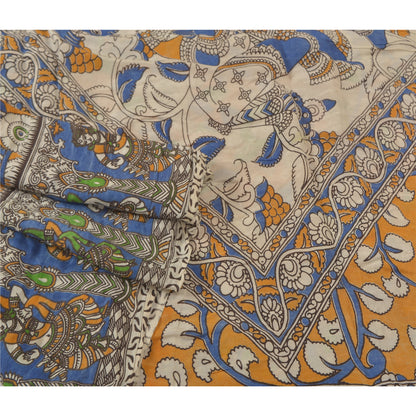 Sanskriti Vintage Saffron Sarees Cotton Silk Handmade Kalamkari Sari Sustainable Fabric