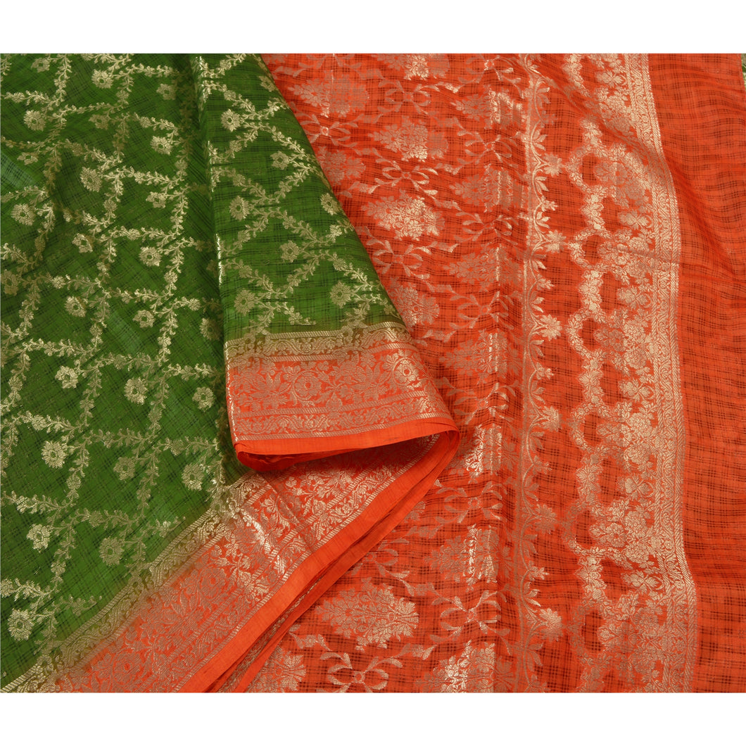 Sanskriti Vintage Green Indian Sarees 100% Pure Silk Woven Sari Craft Fabric