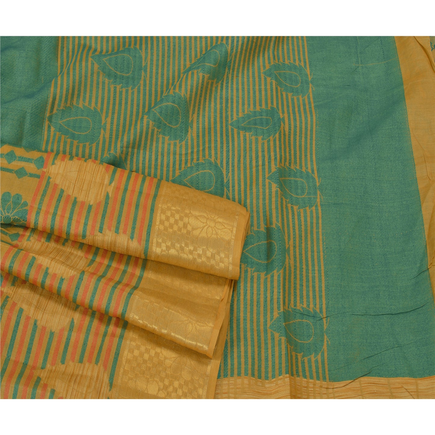 Sanskriti Vintage Green Sarees 100% Pure Silk Woven Premium Sari Craft Sustainable Fabric