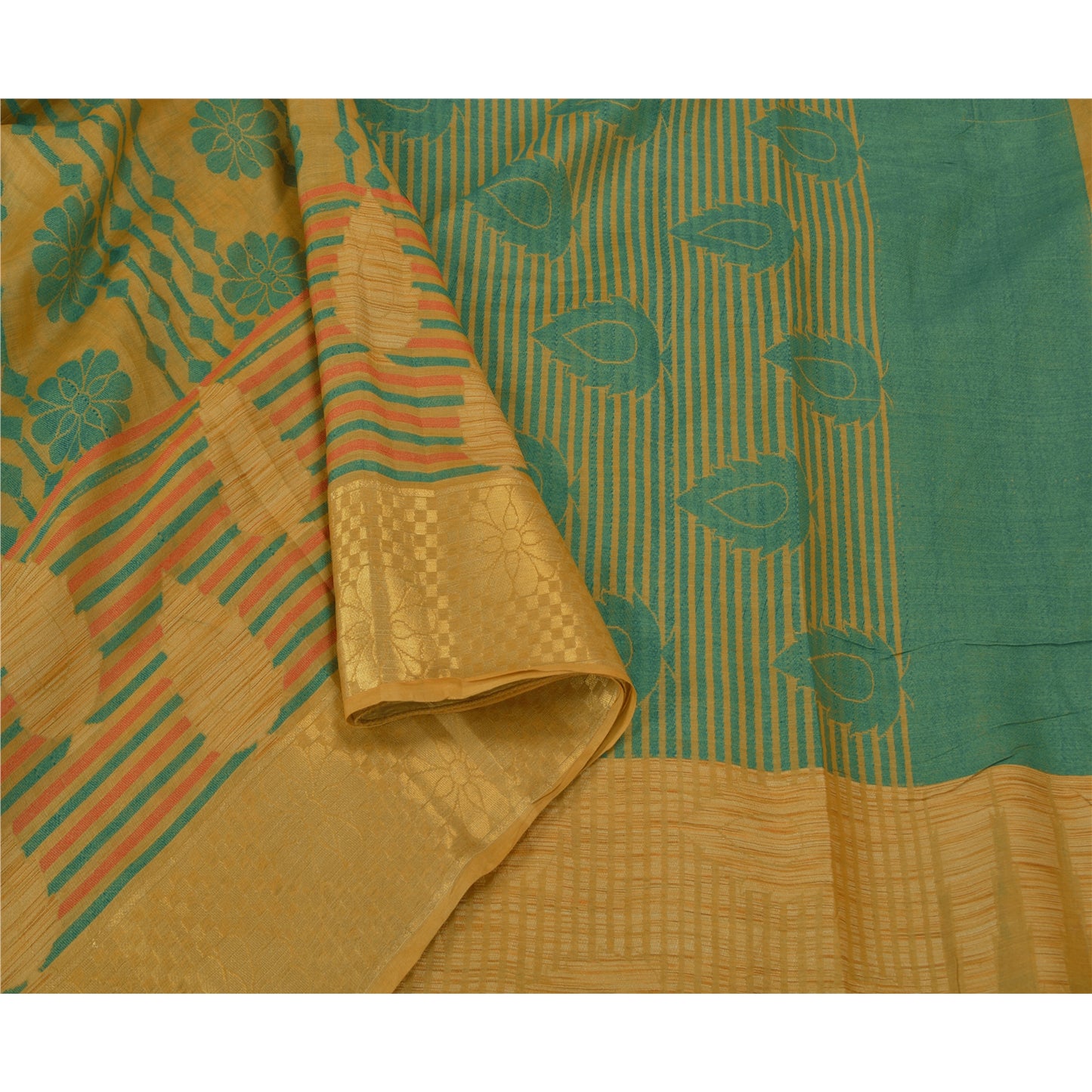 Sanskriti Vintage Green Sarees 100% Pure Silk Woven Premium Sari Craft Sustainable Fabric