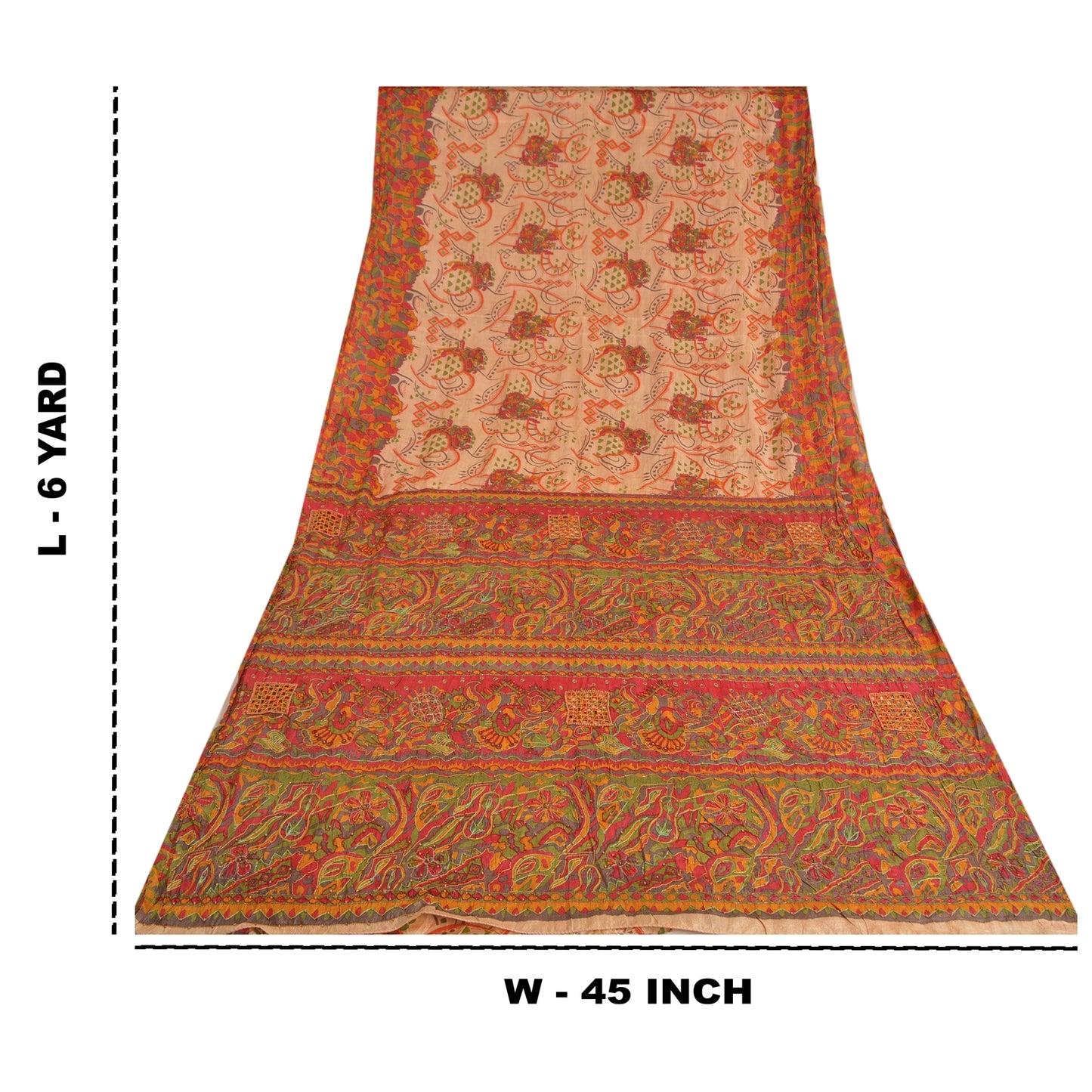 Sanskriti Vintage Beige Sarees 100% Pure Silk Hand Beaded Sari Craft Sustainable Fabric