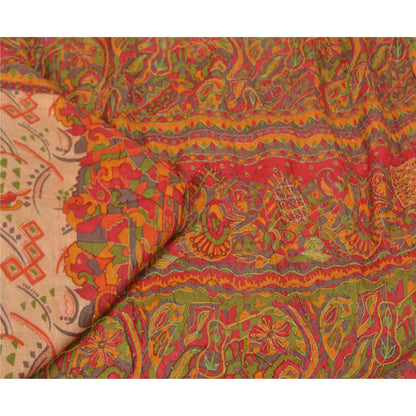 Sanskriti Vintage Beige Sarees 100% Pure Silk Hand Beaded Sari Craft Sustainable Fabric